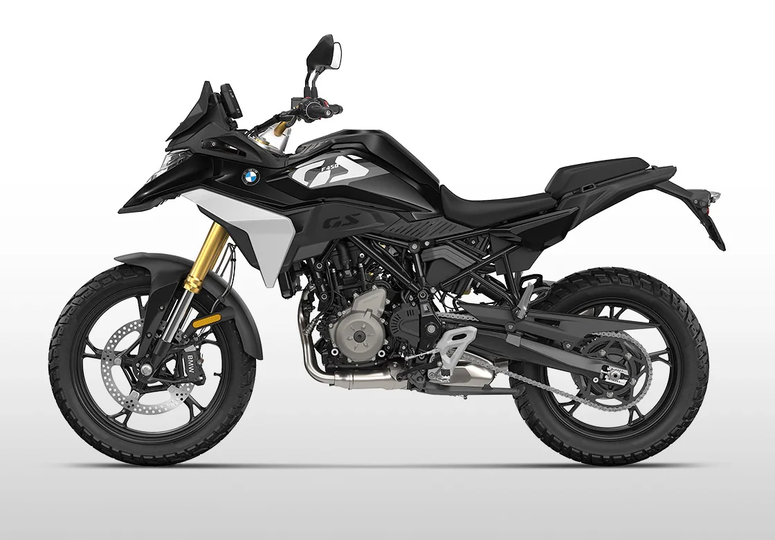 Studio side view of the BMW F 450 GS in Cosmic Black with cast wheels and no windscreen