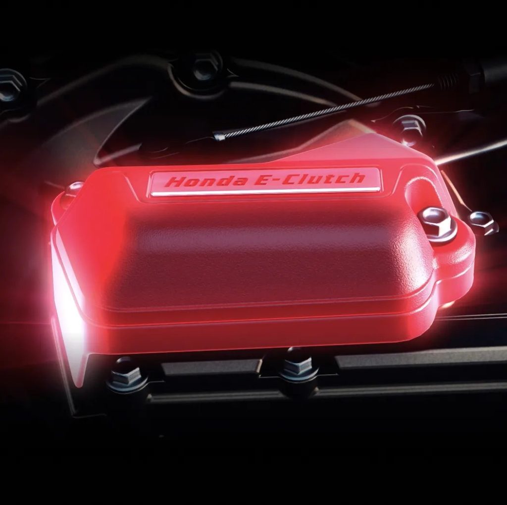 The Honda E-Clutch actuator cover on the right side of the engine