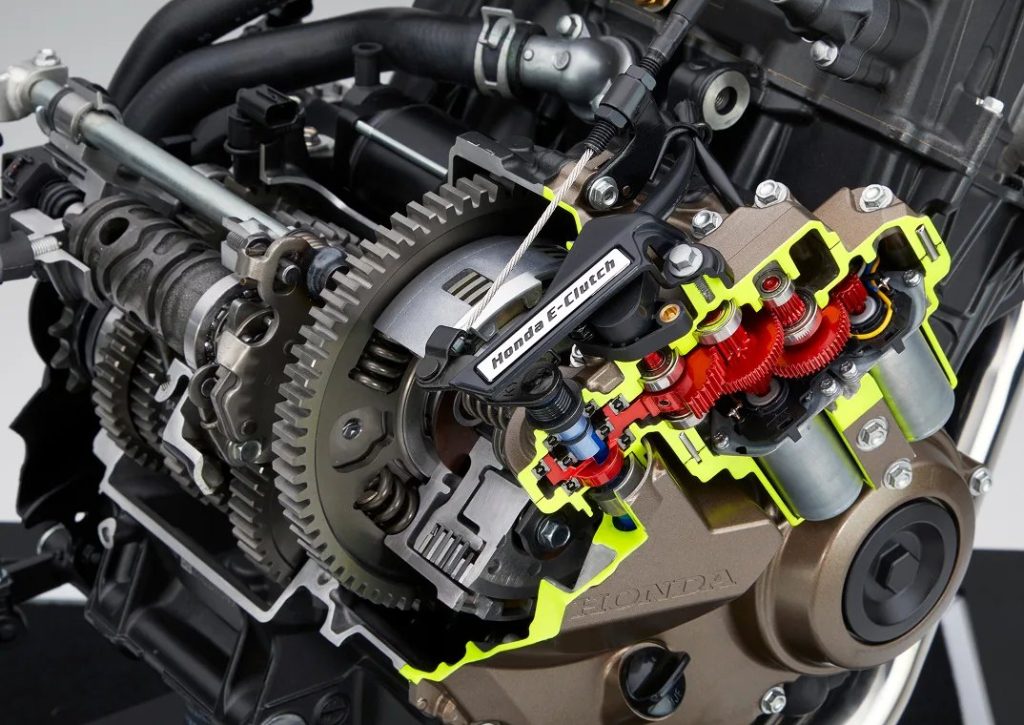 Cutaway of the Honda E-Clutch showing the two electric motors and reduction gears working a standard clutch