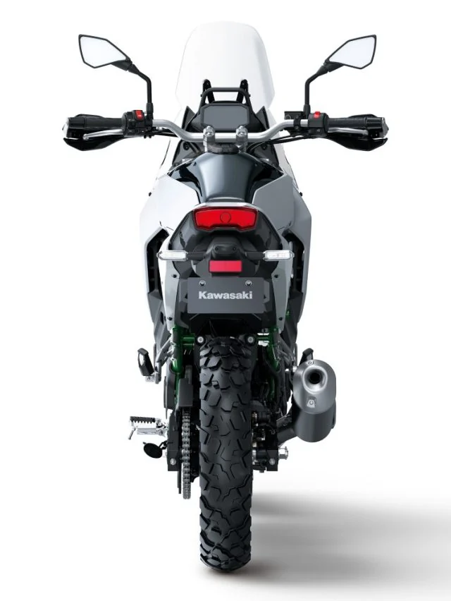 Rear view of the white Kawasaki KLE500 SE showing the LED tail light, 140-section rear tyre, chain drive and low muffler