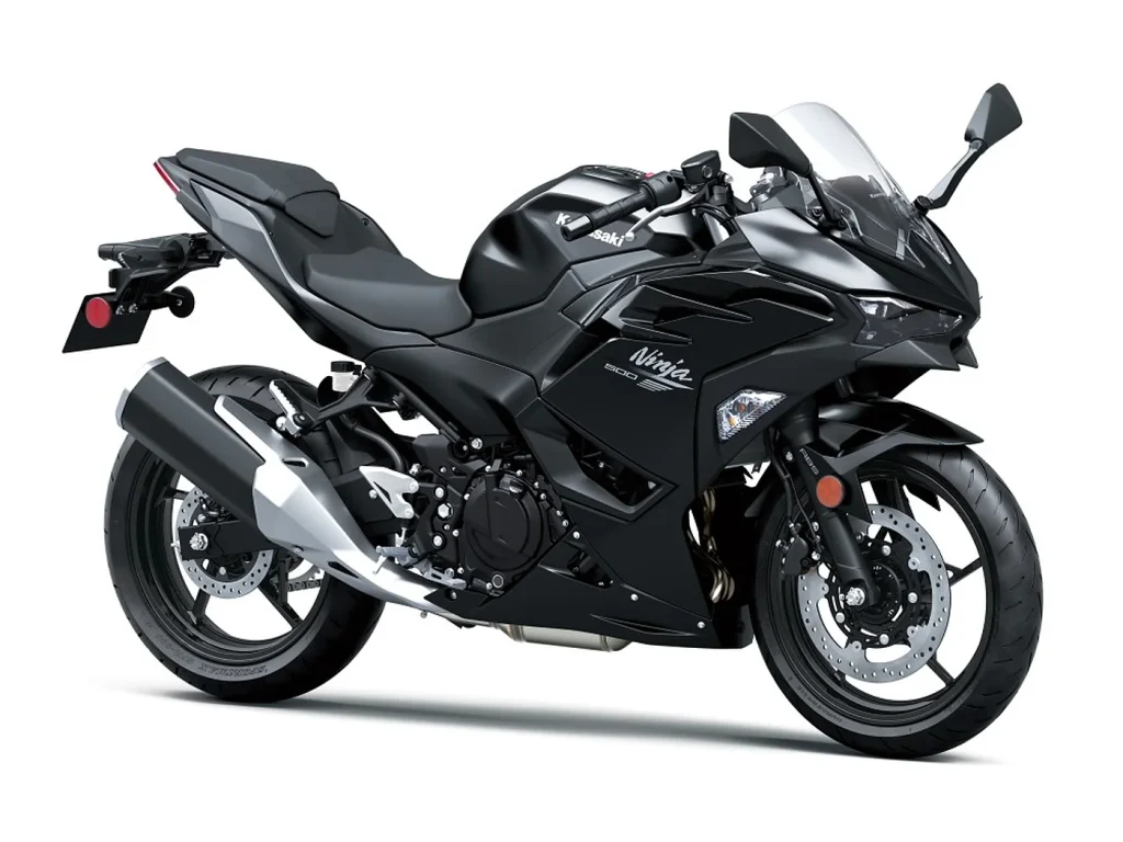 2026 Kawasaki Ninja 500 in Metallic Spark Black, front three-quarter view showing the full fairing and 17 inch wheels