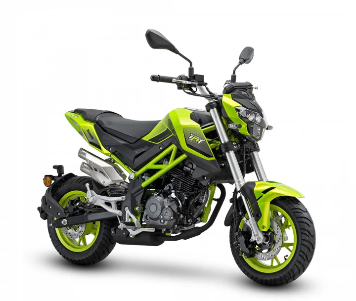 Front three-quarter studio view of the Benelli TNT 125 limited edition in fluorescent yellow-green with matching frame and wheels