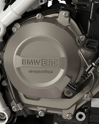 Magnesium clutch cover on the BMW F 450 GS engine marked BMW ERC