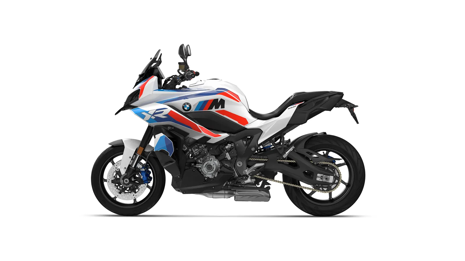Studio side profile of the BMW M 1000 XR in Light White with M Motorsport stripes, forged black wheels and blue M calipers