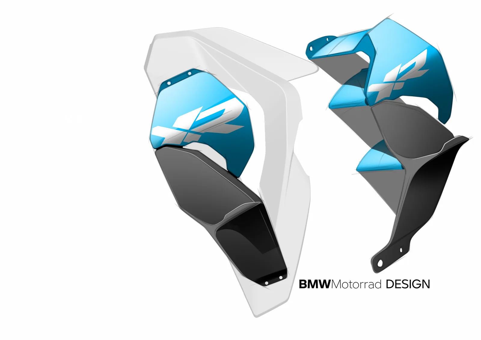 BMW Motorrad design sketch of the M 1000 XR side panel and winglet in blue and white