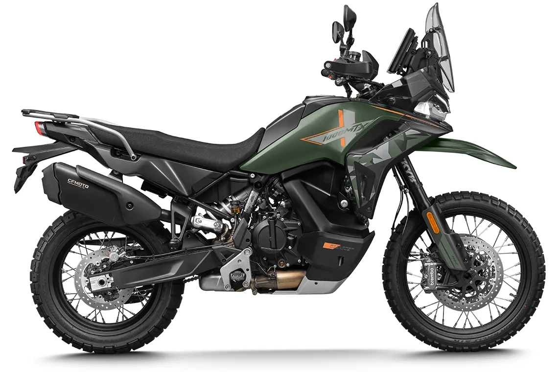 Studio side view of the CFMoto 1000MT-X in Tactical Green with orange graphics and a camouflage pattern on the side panel, seen from the right