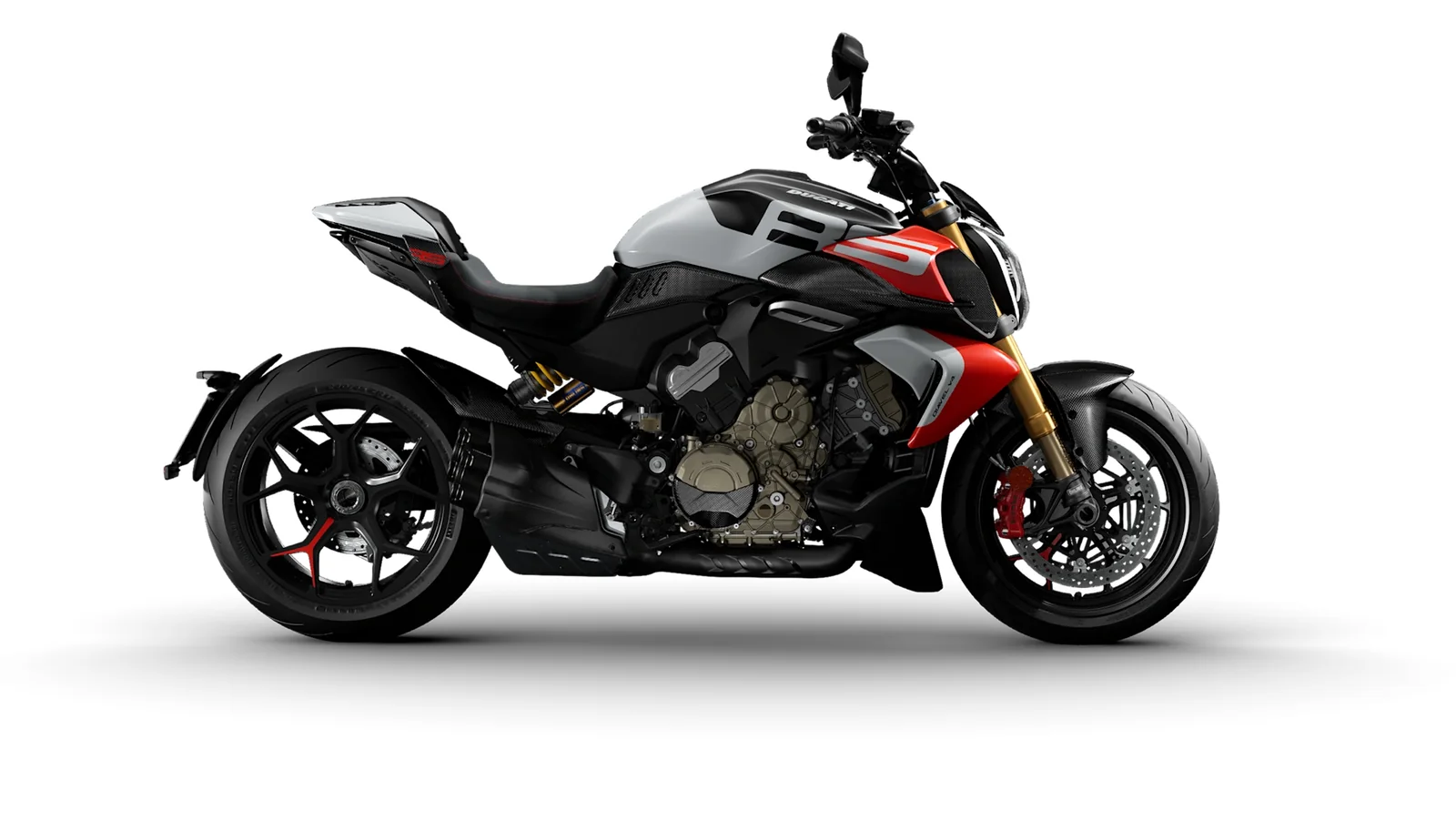 Right side studio profile of the 2026 Ducati Diavel V4 RS in grey, black and red with gold Ohlins fork, forged Y-spoke wheels, carbon tail and 240-section rear tyre