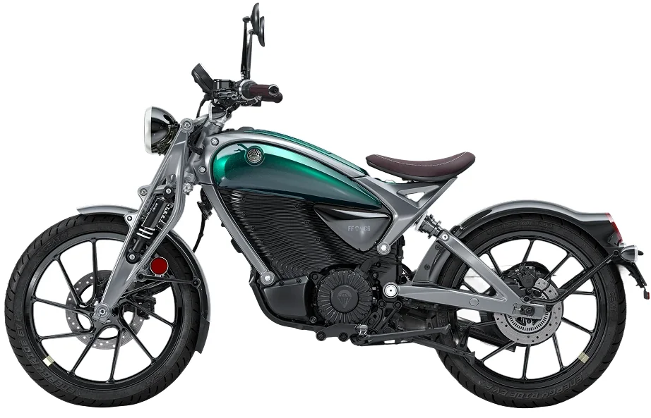 Left side profile of the Flying Flea C6 in Flea Green with a gloss aluminium frame, brown seat, girder fork and finned magnesium battery case