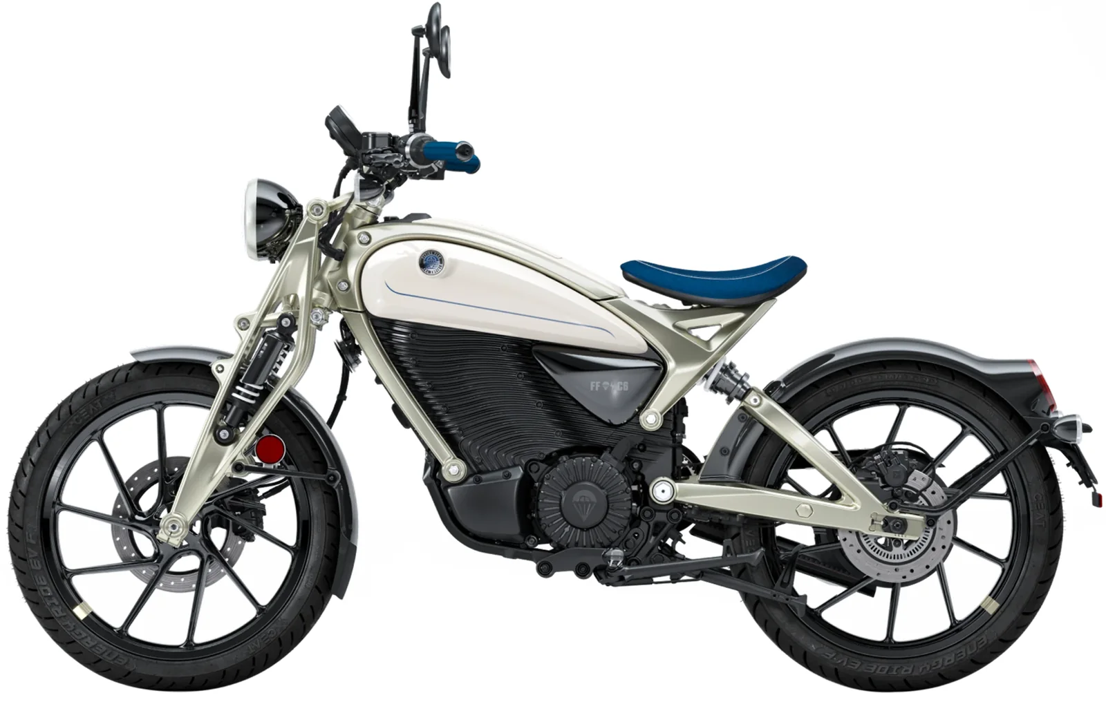 Left side profile of the Flying Flea C6 in Parachute White with a blue seat, blue grips and finned black battery case