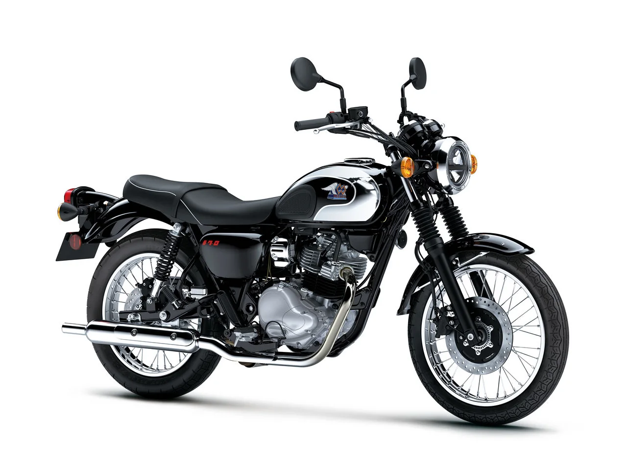 Front three-quarter studio view of a black Kawasaki W230 with a chrome tank panel, chrome mudguards and spoked wheels