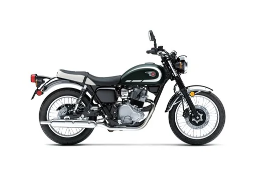 Right side profile of a green Kawasaki W230 showing the peashooter silencer, twin shocks and white-piped flat seat