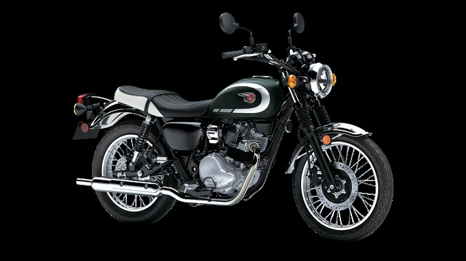 Front three-quarter studio view of the 2026 Kawasaki W230 in Metallic Matte Dark Green with chrome mudguards, wire wheels, round headlight and peashooter exhaust