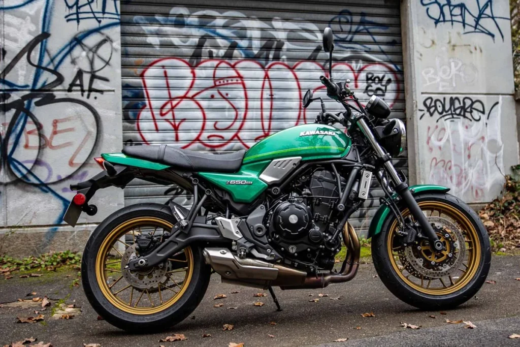 Kawasaki Z650RS left side view showing the steel trellis frame, horizontal rear shock and under-engine silencer