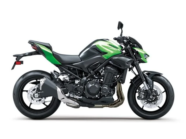 Right side studio view of the 2026 Kawasaki Z900 in Candy Lime Green