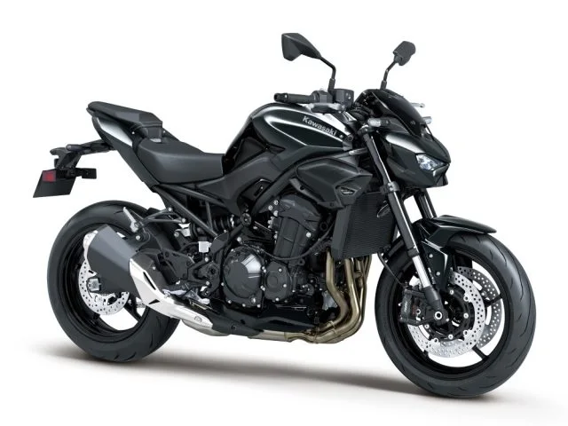 Front three-quarter studio view of the 2026 Kawasaki Z900 in Ebony