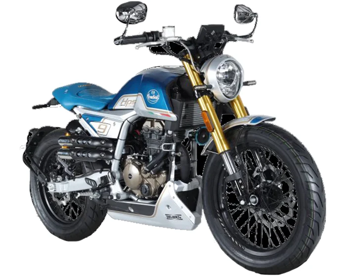 Front three-quarter studio view of the Mondial HPS 125 Ubbiali Limited with round headlight, gold forks, bar-end mirrors, light blue tank and silver bash plate