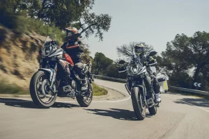 Two QJMotor SRT 600 adventure bikes ridden side by side through a bend on a tree-lined tar road, one red and one fitted with aluminium panniers