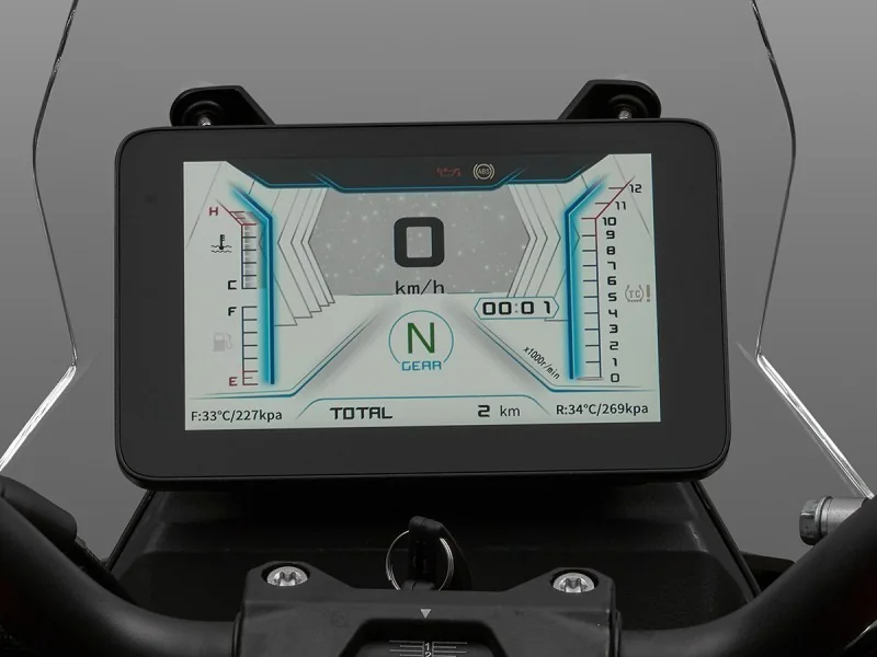 QJMotor SRT 600 7 inch colour TFT display showing speed, gear, rev counter, fuel and temperature gauges and front and rear tyre pressures
