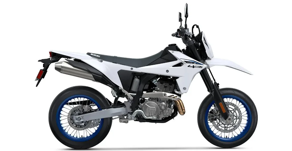 Studio side view of the Suzuki DR-Z4SM in Solid Special White with blue spoked rims
