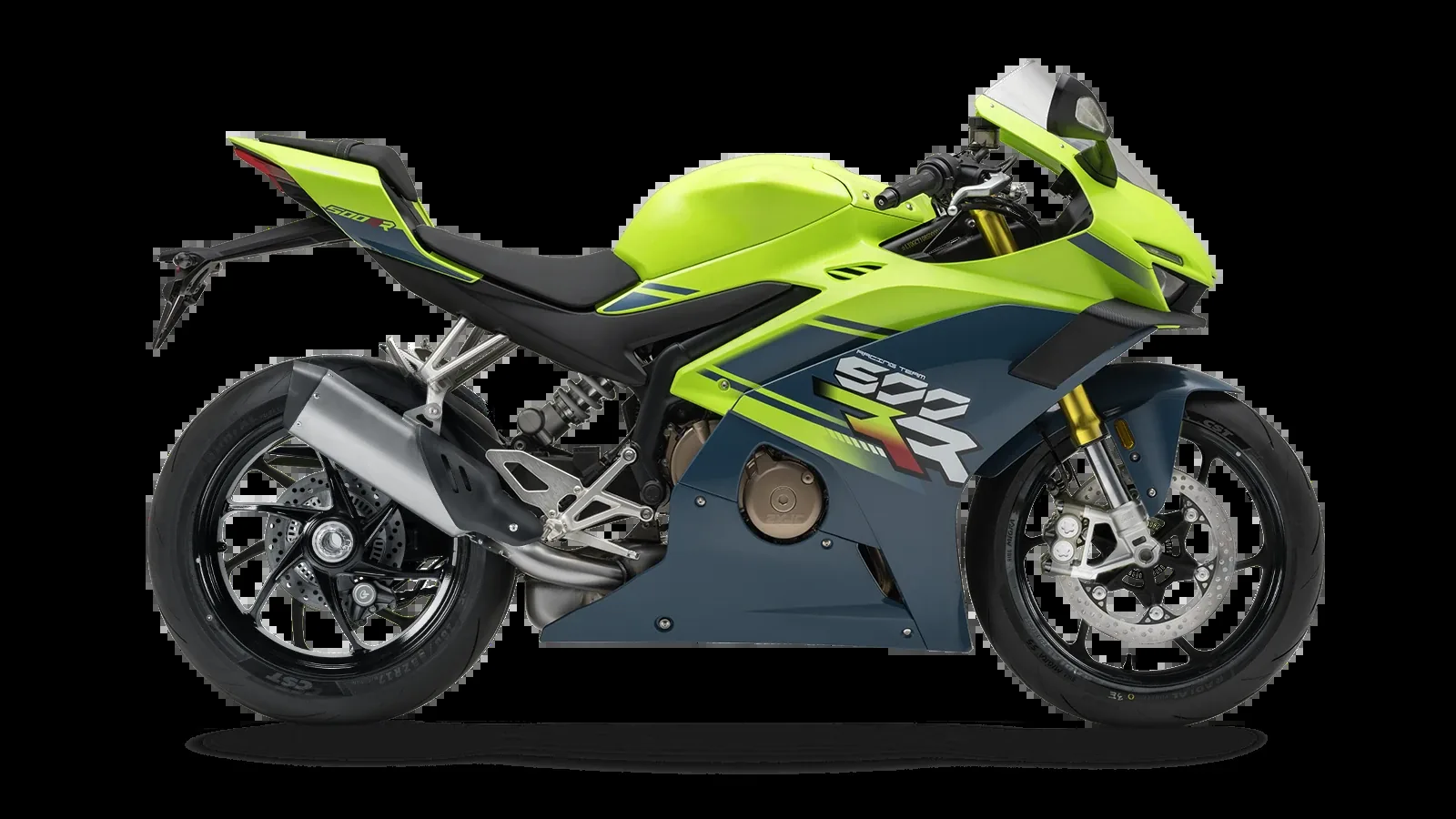 Side profile of the ZXMOTO 500RR in lime green and dark grey on a white background